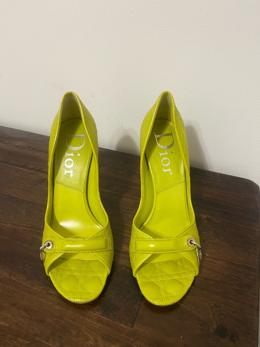Dior Lime Green Quilted Peep-Toe Heels NWT